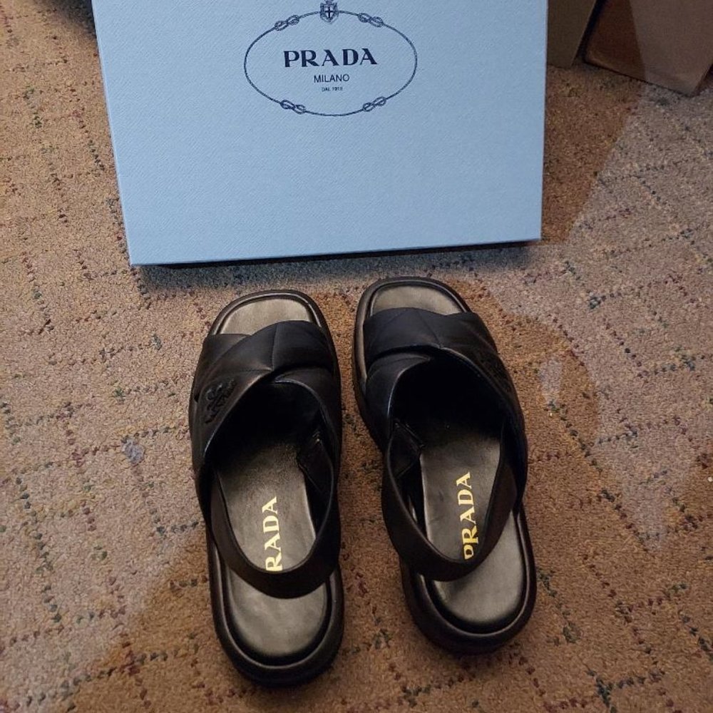 Prada Quilted Nappa Leather Flatform Sandals, Black, Size 36.5 euro